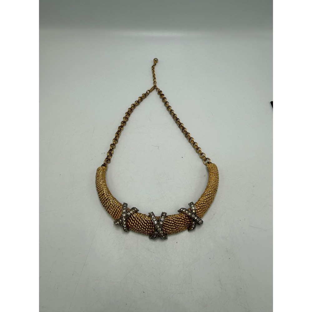 Vintage Gold Tone Mesh Collar Necklace Rhinestone X Accents Statement Jewelry